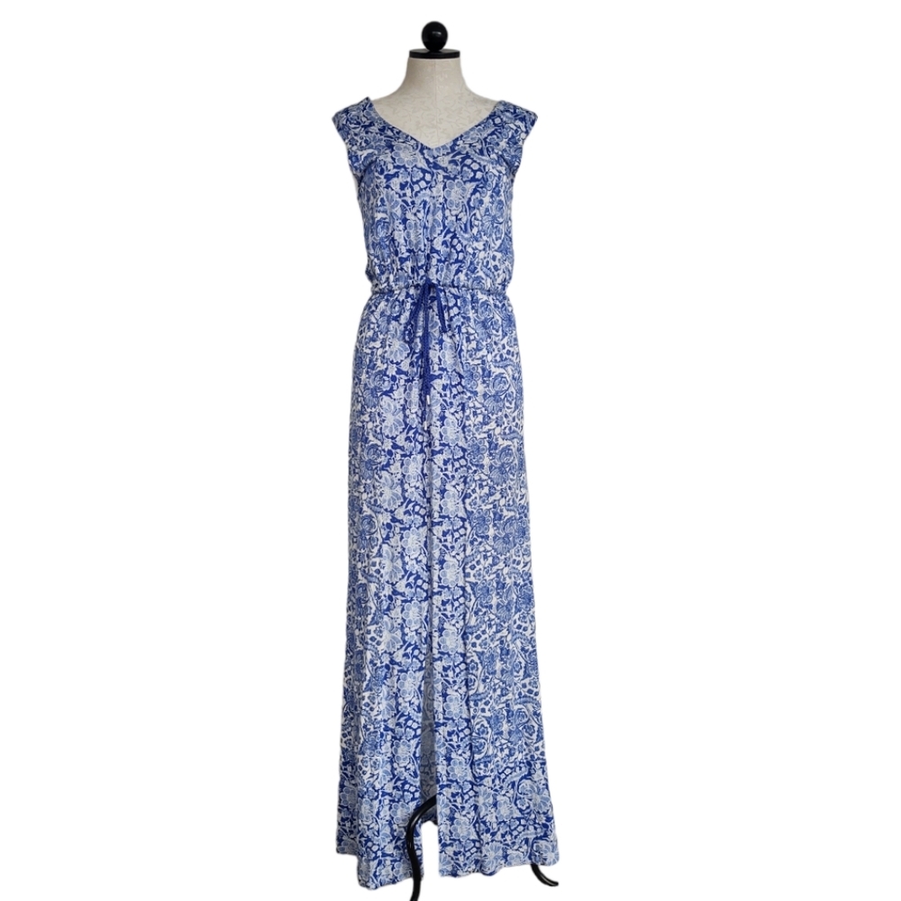 Lucky Brand Blue & White Floral Maxi Dress Sleeveless Tie Waist  Size Medium